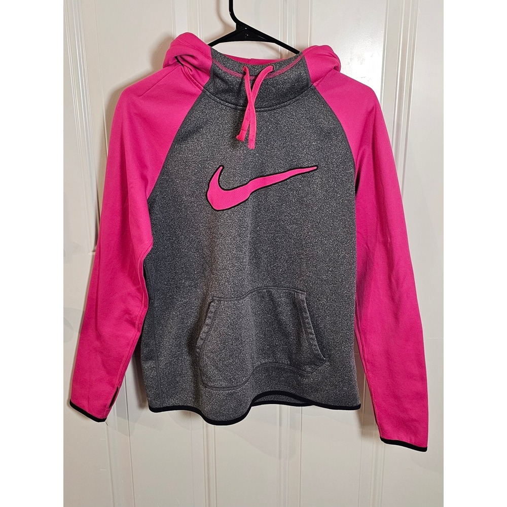 Nike Therma-FIT Hoodie Womens Grey Pink Colorblock Swoosh Funnel Neck Sweatshirt